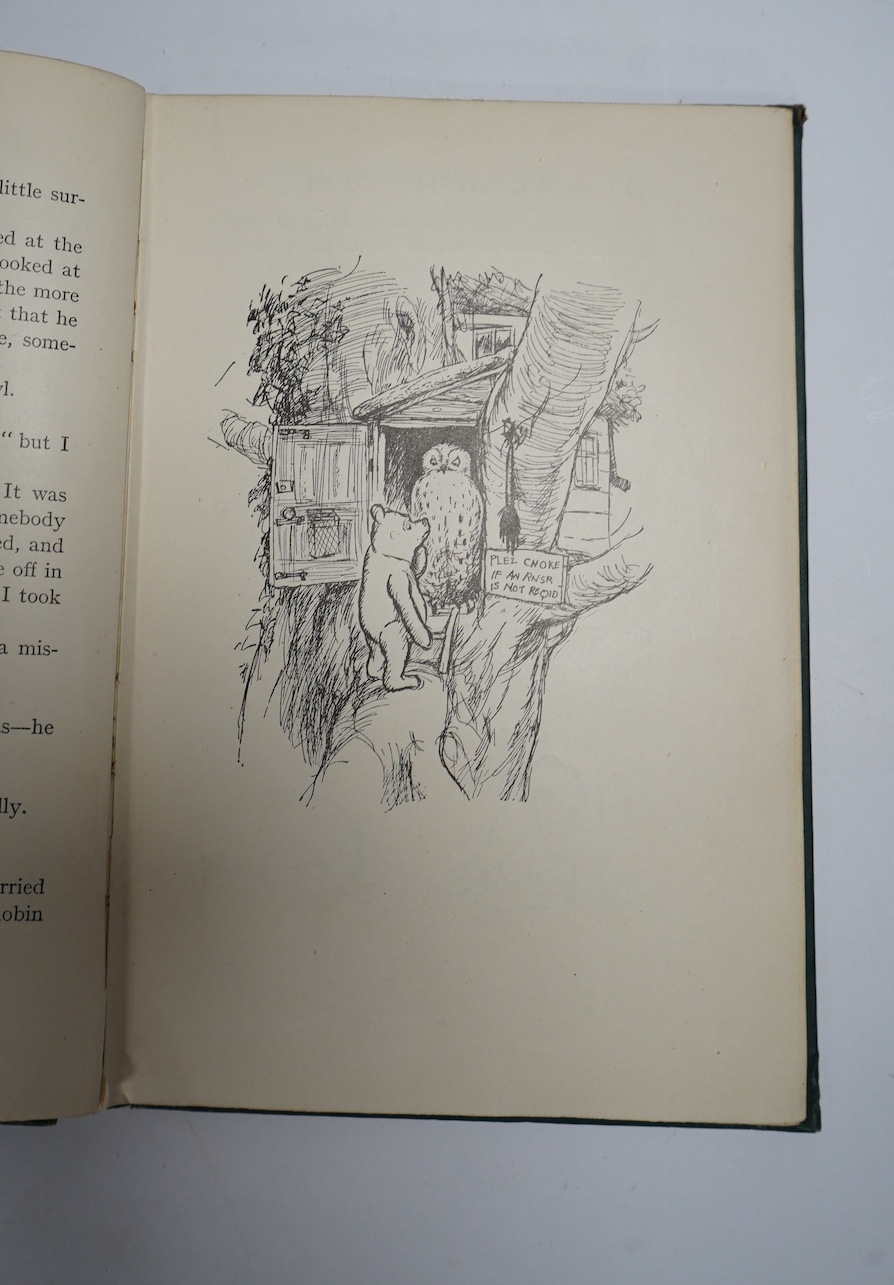 Milne, A.A. - Winnie-The-Pooh, With Decorations by Ernest H. Shepard. First Edition. num. illus. (incl. title, some full page), pictorial map on e/ps.; publisher's gilt ruled and pictorial green cloth, gilt top, sm.8vo.